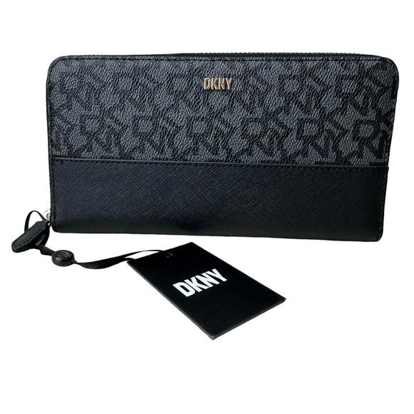 DNKY Vela Large Zip Around Logo Wallet, Black - Picture 1 of 10